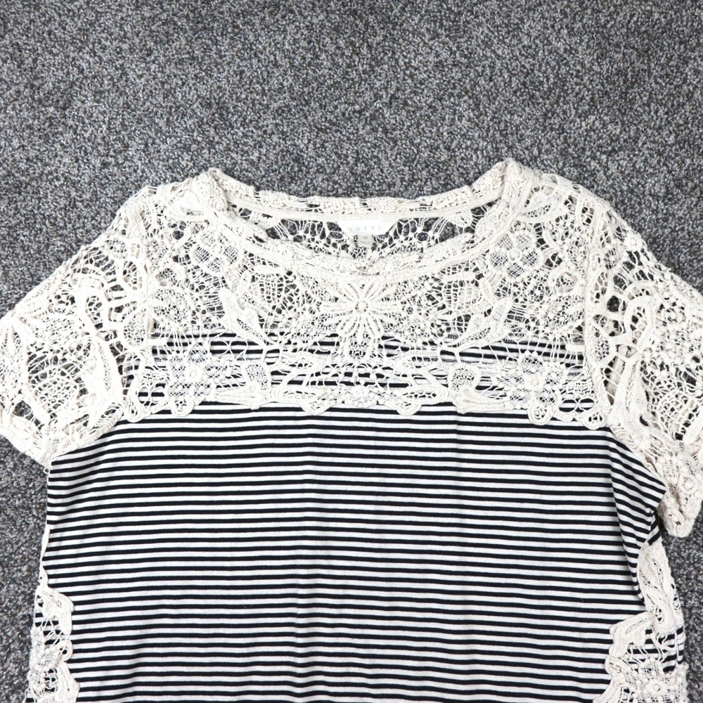 Adiva Womens 1X Striped Crochet Open Lace Short Sleeve Top Black & White VTG 00s - Picture 6 of 10